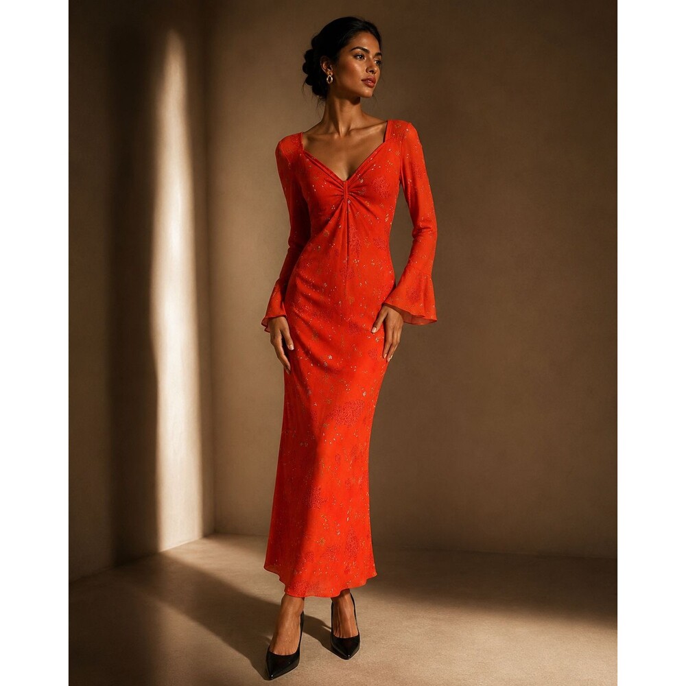 Jonathan Martin Size 7 Small Red Floral Y2k Maxi Dress Ruched Bell Sleeve Lined